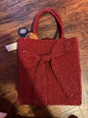 Beaded Bow Accent Red Tote Bag